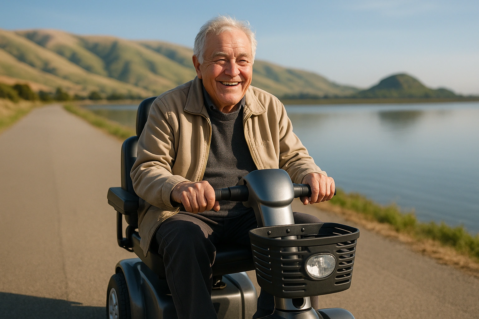 Senior man with grey hair riding a modern mobility scooter on a wide flat paved levee trail beside Alameda Creek heading toward San Francisco Bay in Fremont, California, with golden-green hills and the green Coyote Hills behind under a blue sky