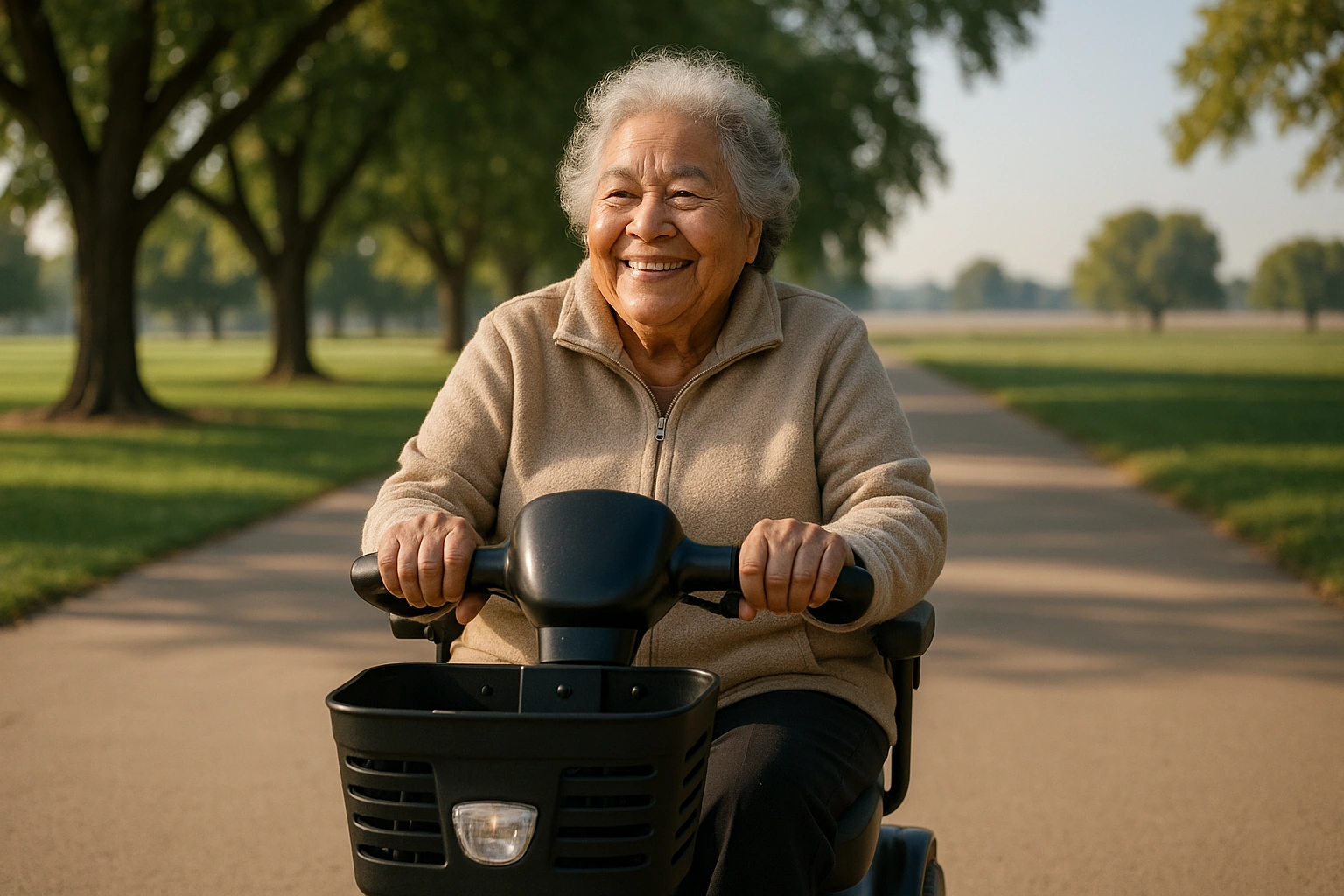 Smiling senior woman riding a four-wheel mobility scooter along a wide flat paved path in a green city park in Fresno, with mature shade trees and flat Central Valley farmland in the distance on a clear morning