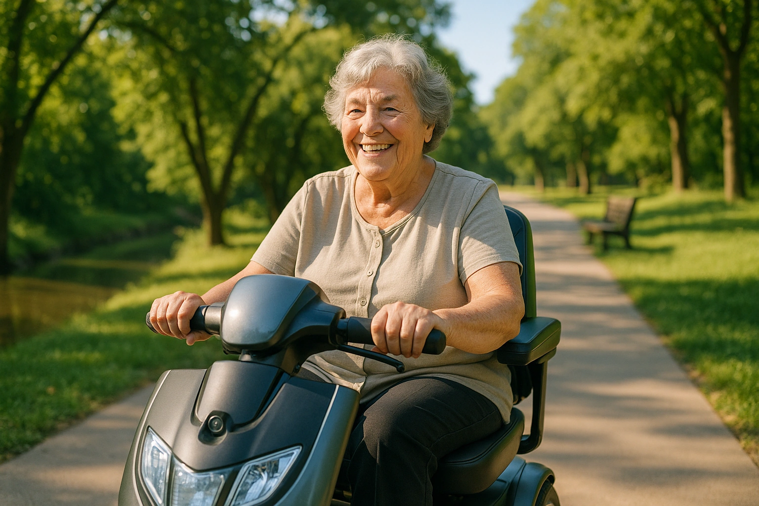 Senior woman with grey hair riding a modern mobility scooter on a smooth flat paved greenbelt trail beside a gentle creek in Garland, Texas, with leafy green trees, a wooden bench and a blue sky