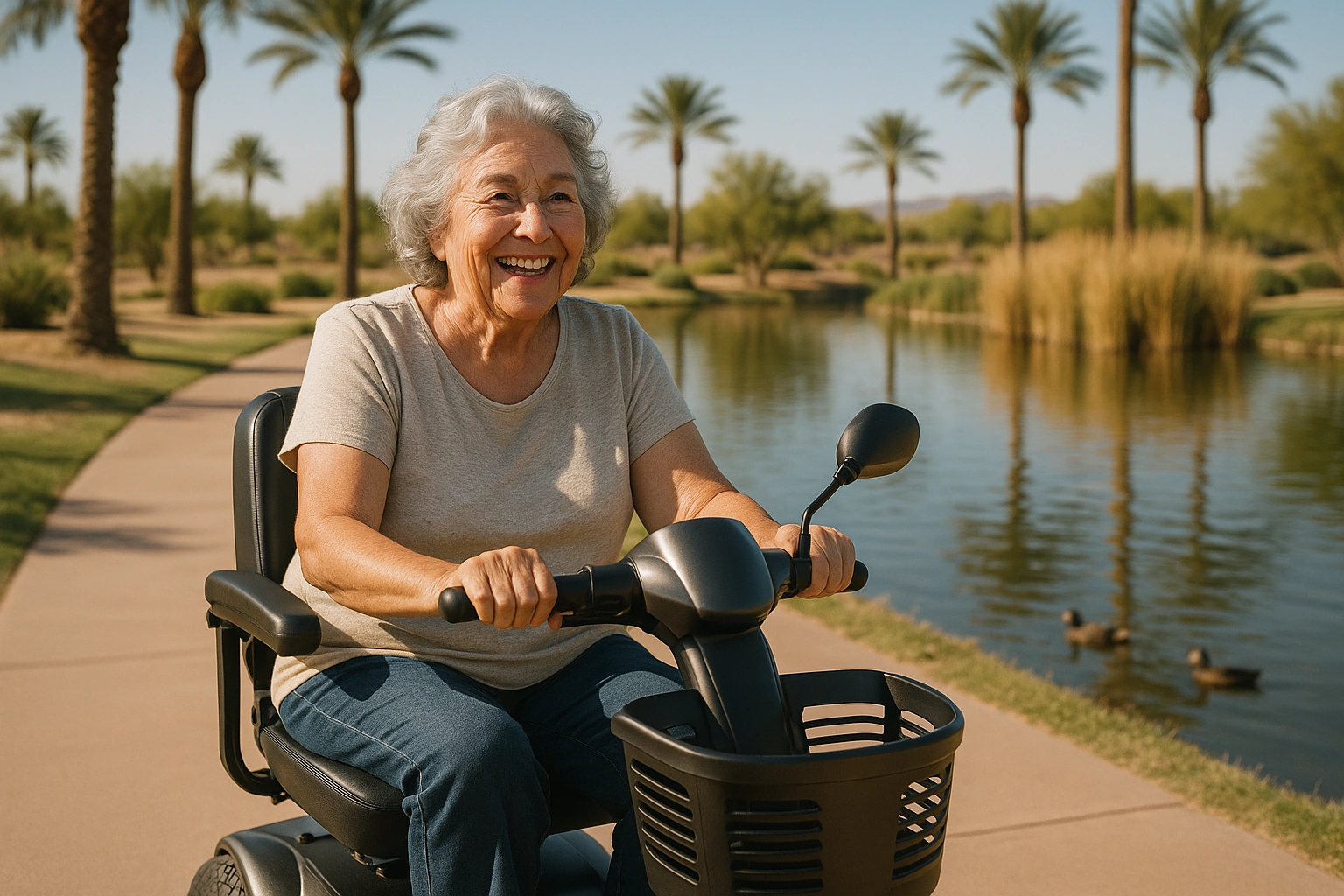 Senior woman with grey hair riding a modern mobility scooter on a smooth paved path beside a calm pond in a green desert park in Gilbert, Arizona, with palm trees, reeds and ducks under a clear blue sky