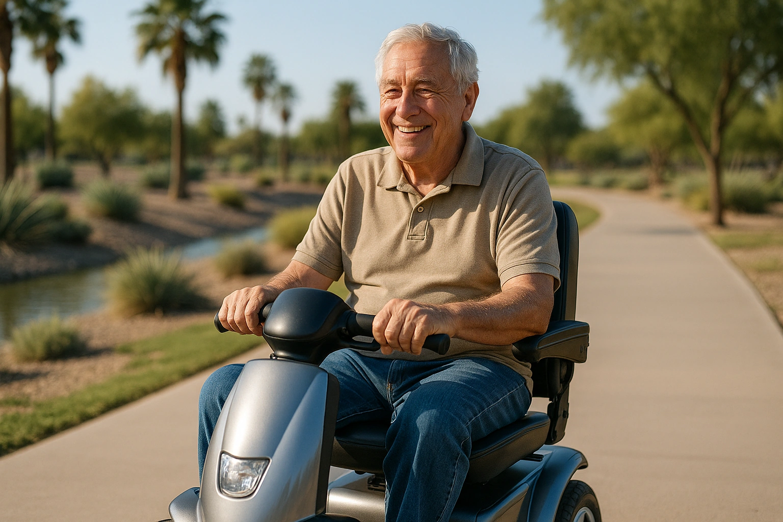 Senior man with grey hair riding a modern four-wheel mobility scooter on a smooth paved multi-use path through a green desert park along a landscaped wash in Glendale, Arizona, with palm trees, desert plants and a clear blue sky