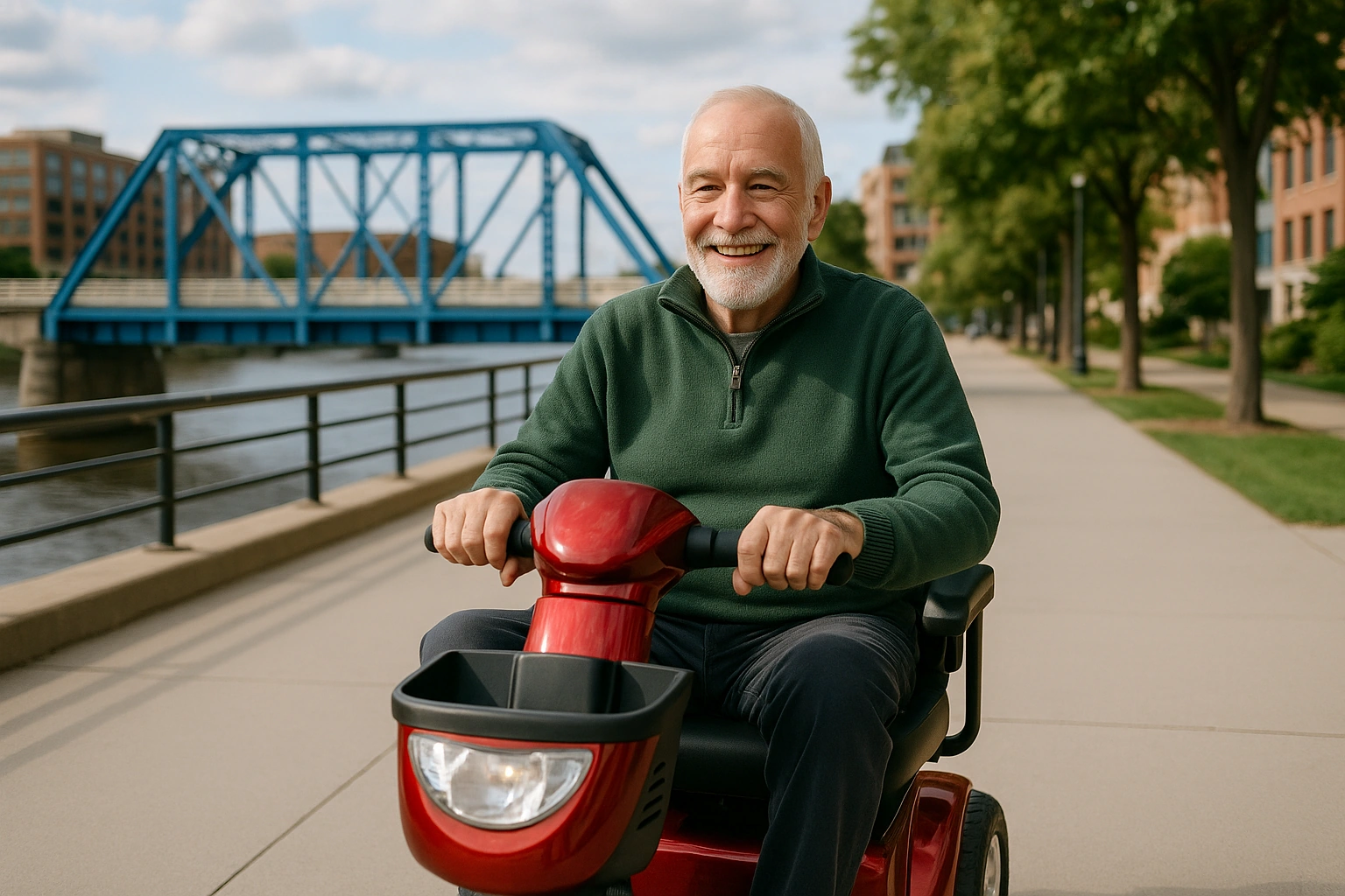 Senior man in a green sweater riding a red four-wheel mobility scooter along a smooth paved downtown riverwalk beside the Grand River in Grand Rapids, Michigan, with the blue steel pedestrian truss bridge, brick and glass downtown buildings and leafy street trees under a bright partly cloudy sky