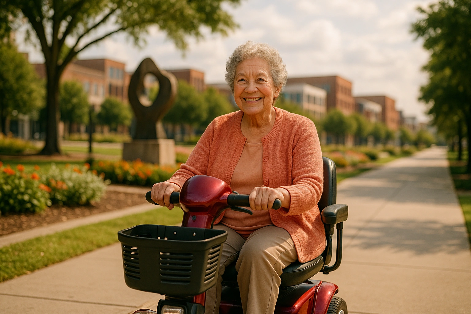 Senior woman in a coral cardigan riding a red four-wheel mobility scooter along a smooth landscaped paved urban greenway with public sculpture, flower beds and shade trees in Greensboro, North Carolina, with low brick and glass downtown buildings under a warm partly cloudy sky