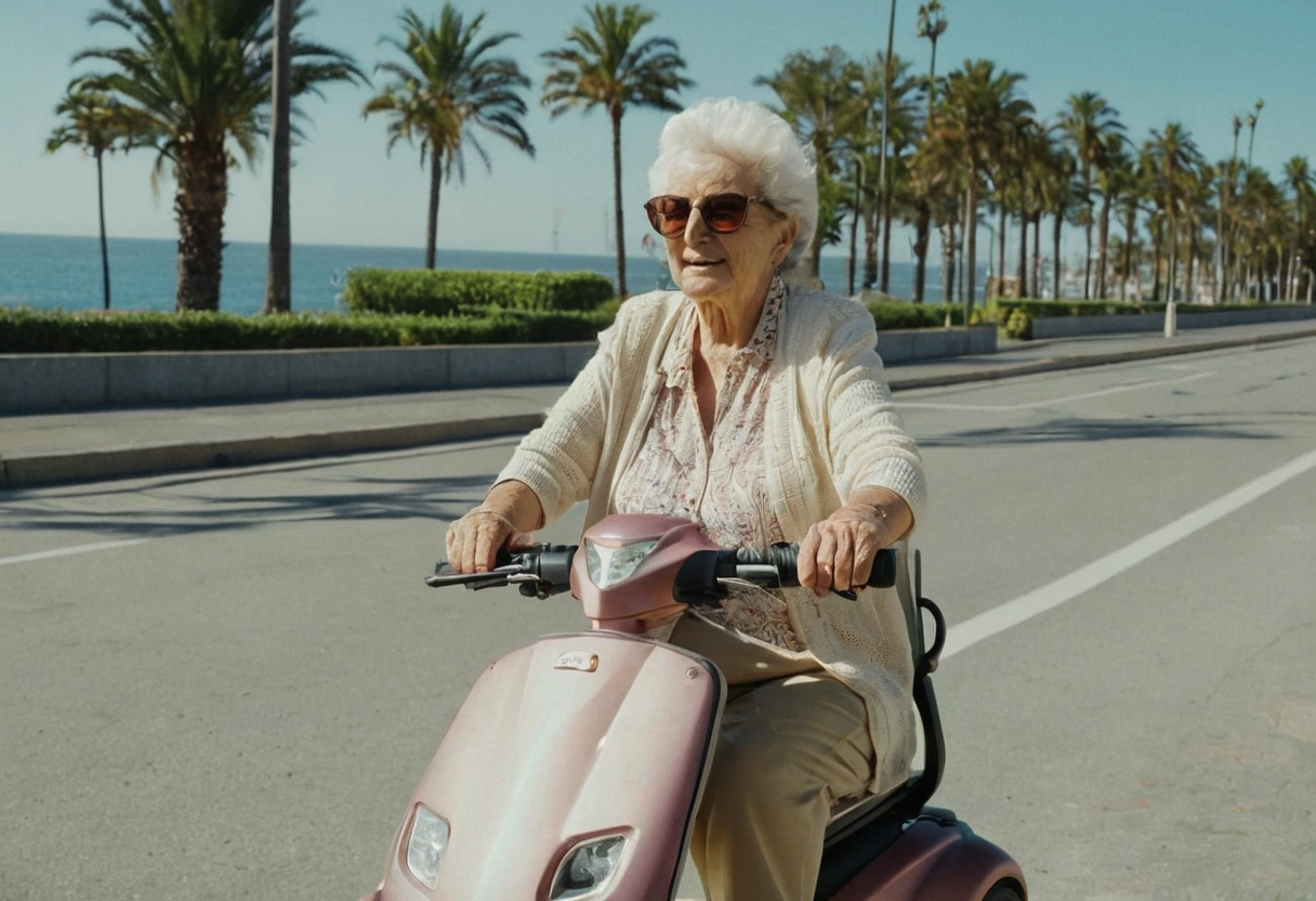 Senior riding a four-wheel mobility scooter on a mild coastal city promenade in Anaheim