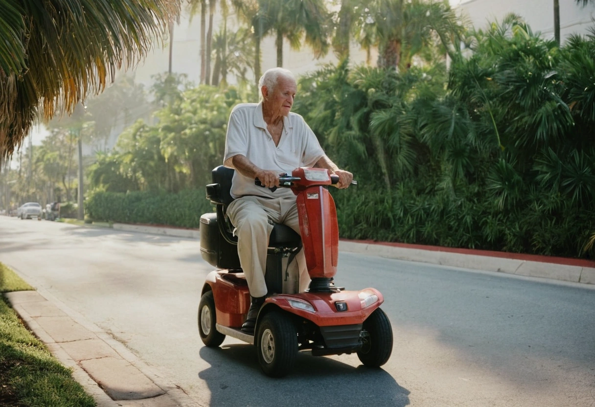 Senior riding a four-wheel mobility scooter on a palm-lined sidewalk in a humid southern city in Augusta