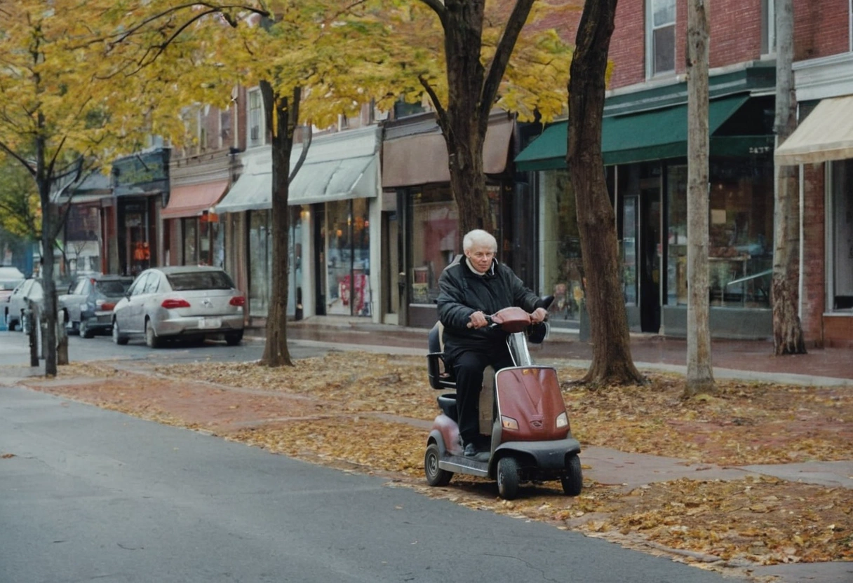 Senior riding a four-wheel mobility scooter on a tree-lined city sidewalk in Greensboro