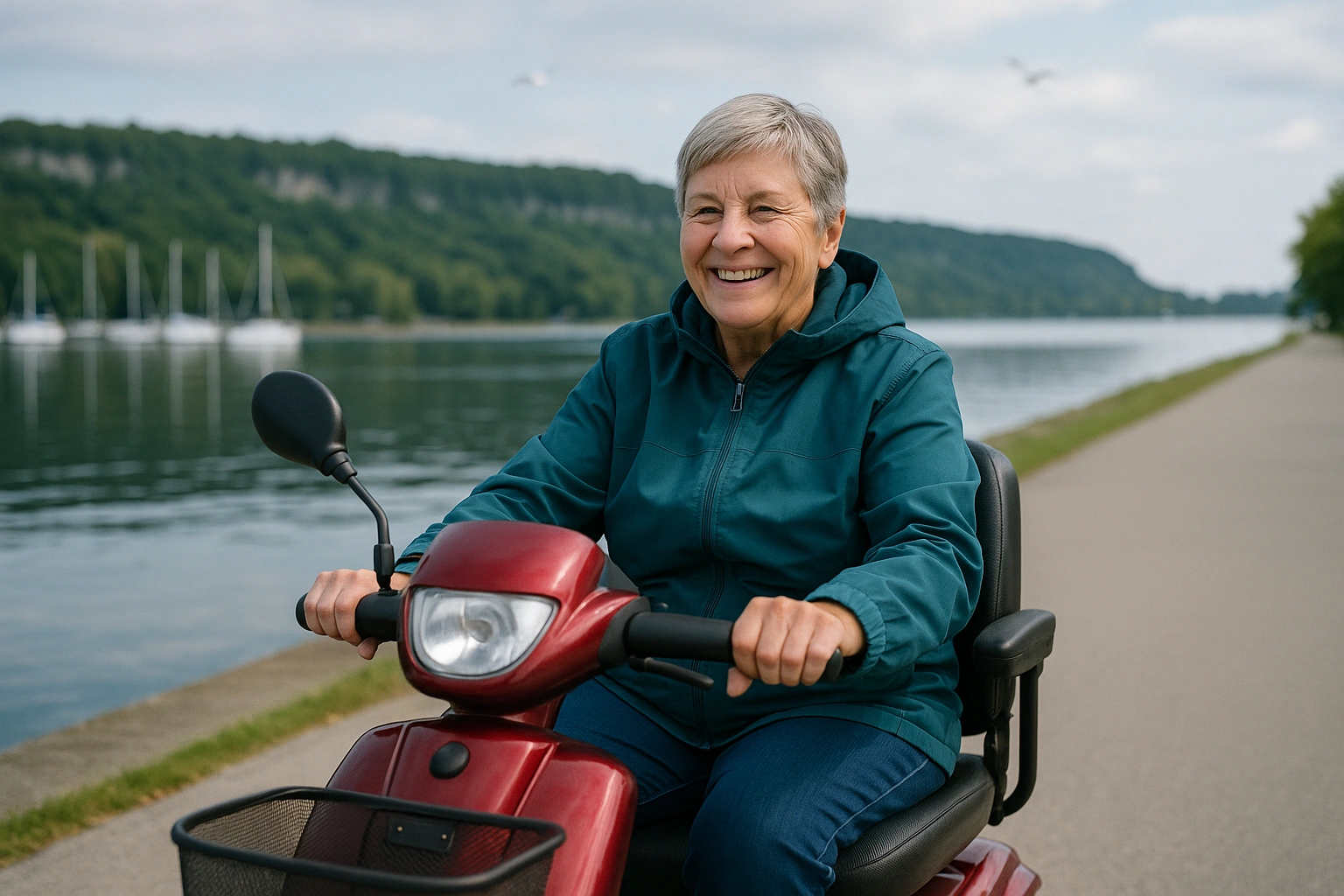 Senior woman in a teal jacket riding a red four-wheel mobility scooter along a flat smooth paved waterfront trail beside Hamilton Harbour with sailboats, and a long green wooded escarpment ridge rising across the bay under a cool bright Ontario sky
