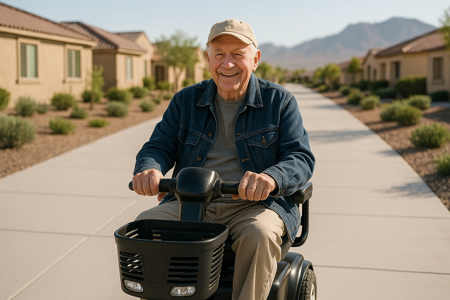 Smiling senior man riding a four-wheel mobility scooter along a wide smooth paved path in a master-planned desert community in Henderson, Nevada, with low stucco houses, gravel landscaping and dry mountains in the distance