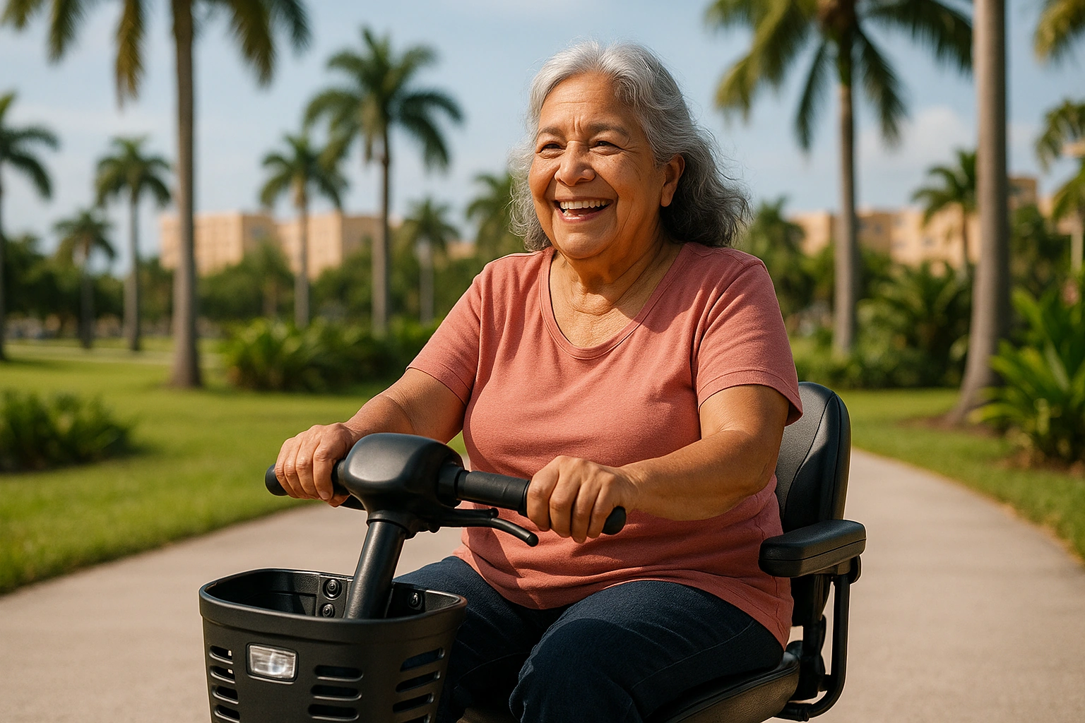 Senior Hispanic woman with grey hair riding a modern compact mobility scooter on a smooth flat paved path in a green city park in Hialeah, Florida, with palm trees, tropical plants and low-rise buildings behind under a bright sunny sky