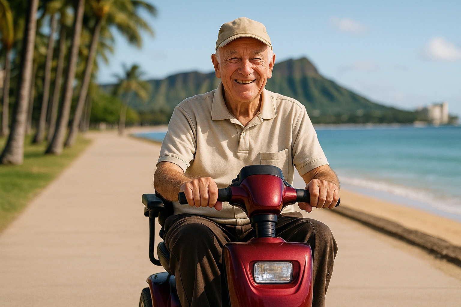 Smiling senior man riding a four-wheel mobility scooter along a wide flat paved beachfront promenade in Honolulu, with palm trees, the blue Pacific alongside and the green Diamond Head crater in the distance