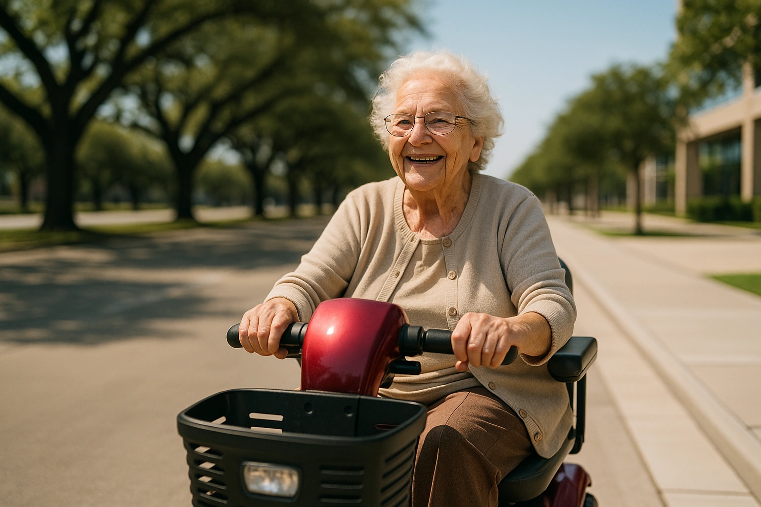 Smiling senior woman riding a four-wheel mobility scooter on a tree-lined Houston street
