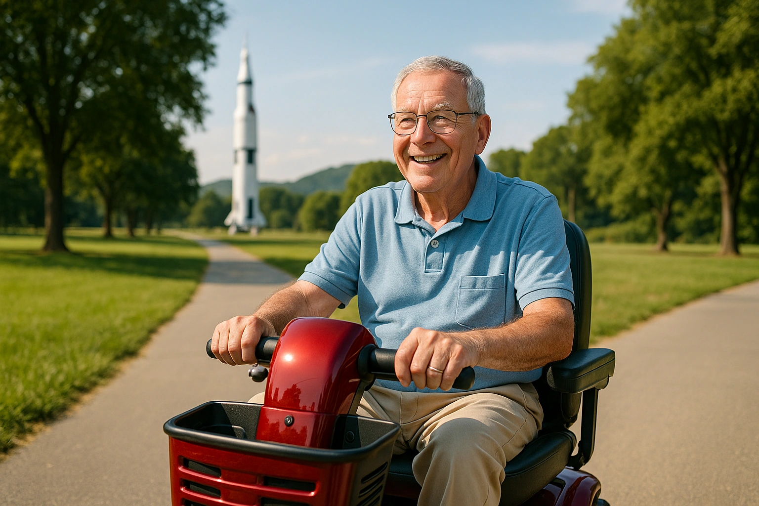 Senior man in a blue polo riding a red four-wheel mobility scooter along a smooth paved greenway through green parkland in Huntsville, Alabama, with a tall white space rocket standing on display among leafy trees and low green hills under a bright sunny sky