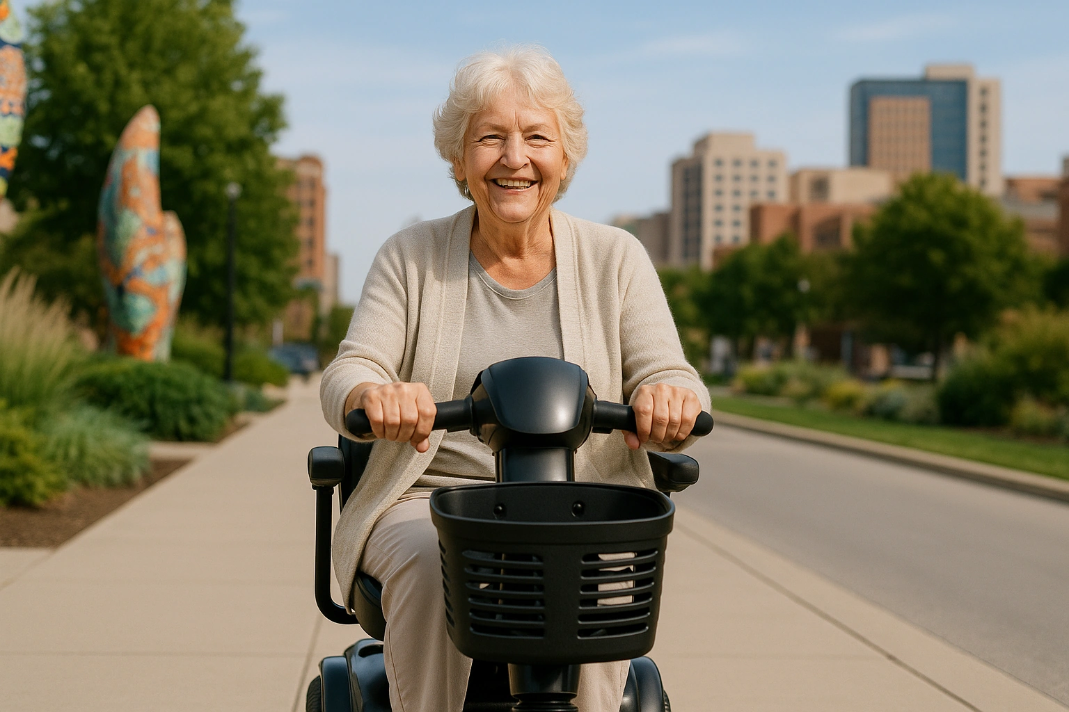 Smiling senior woman riding a four-wheel mobility scooter on a smooth wide paved downtown trail lined with public art and greenery in Indianapolis on a bright day