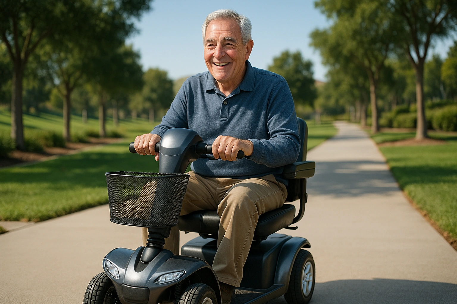 Senior man with grey hair riding a modern four-wheel mobility scooter on a wide, smooth concrete master-planned greenbelt trail in Irvine, California, with tree-lined suburban parkland, manicured landscaping and a clear blue sky