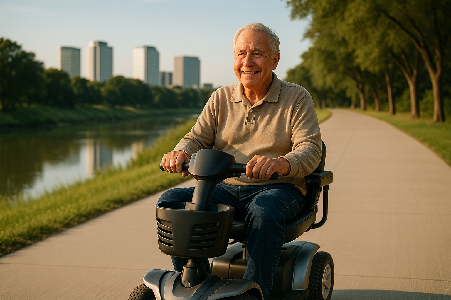 Senior man with grey hair riding a modern mobility scooter on a very wide smooth paved concrete trail along the tree-lined Trinity River in Irving, Texas, with modern Las Colinas office towers rising in the distance under a blue sky