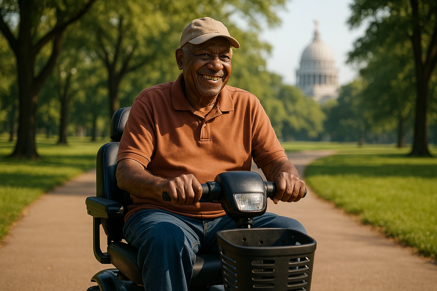 Senior man riding a four-wheel mobility scooter along a wide flat paved multi-use trail through a green city park in Jackson, Mississippi, with shady trees, open grass and the state capitol dome in the distance on a warm morning