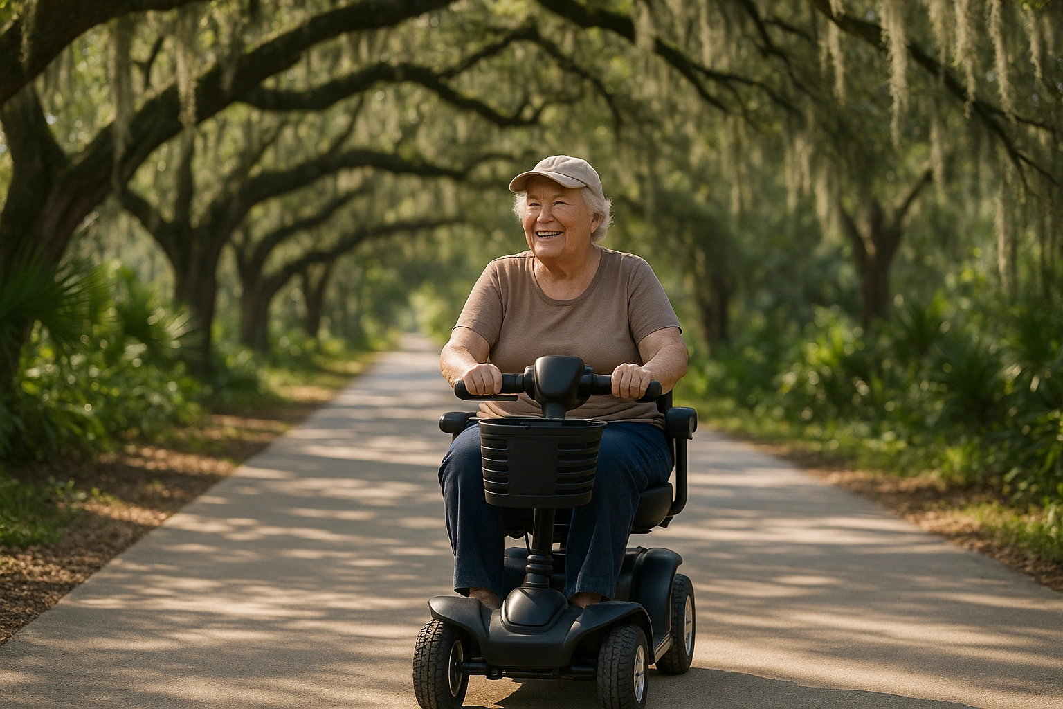 Smiling senior woman riding a four-wheel mobility scooter along a wide smooth concrete trail beneath live oak trees draped with Spanish moss in Jacksonville, Florida