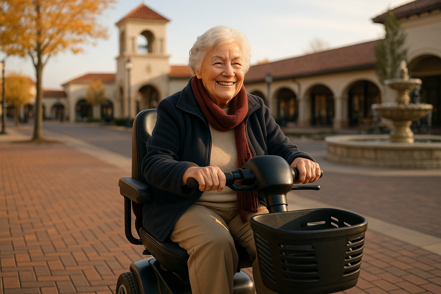 Smiling senior woman riding a four-wheel mobility scooter on a wide brick-paved plaza sidewalk with Spanish-style architecture and a stone fountain in Kansas City on an autumn afternoon