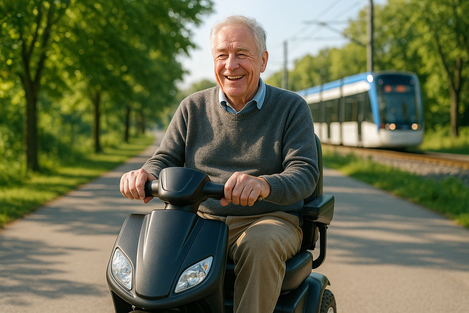 Senior man with grey hair riding a modern mobility scooter on a smooth wide paved urban trail through green leafy parkland in Kitchener, Ontario, with a modern light-rail train on tracks in the background under a bright clear morning sky