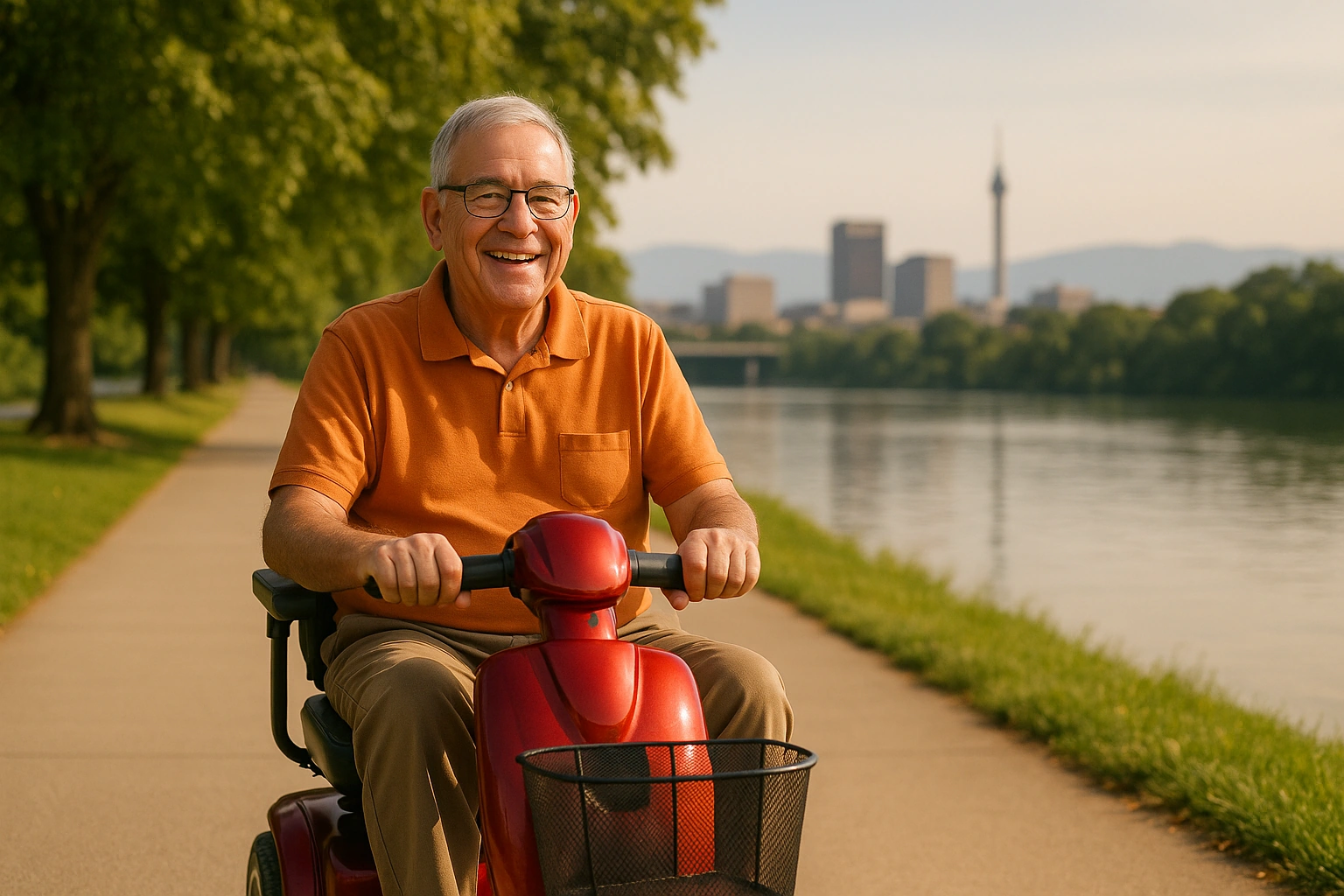 Senior man in an orange polo riding a red four-wheel mobility scooter along a smooth paved riverfront greenway beside the Tennessee River in Knoxville, with green trees, a downtown skyline and the hazy blue ridges of the Great Smoky Mountains on the horizon under a warm sunny sky