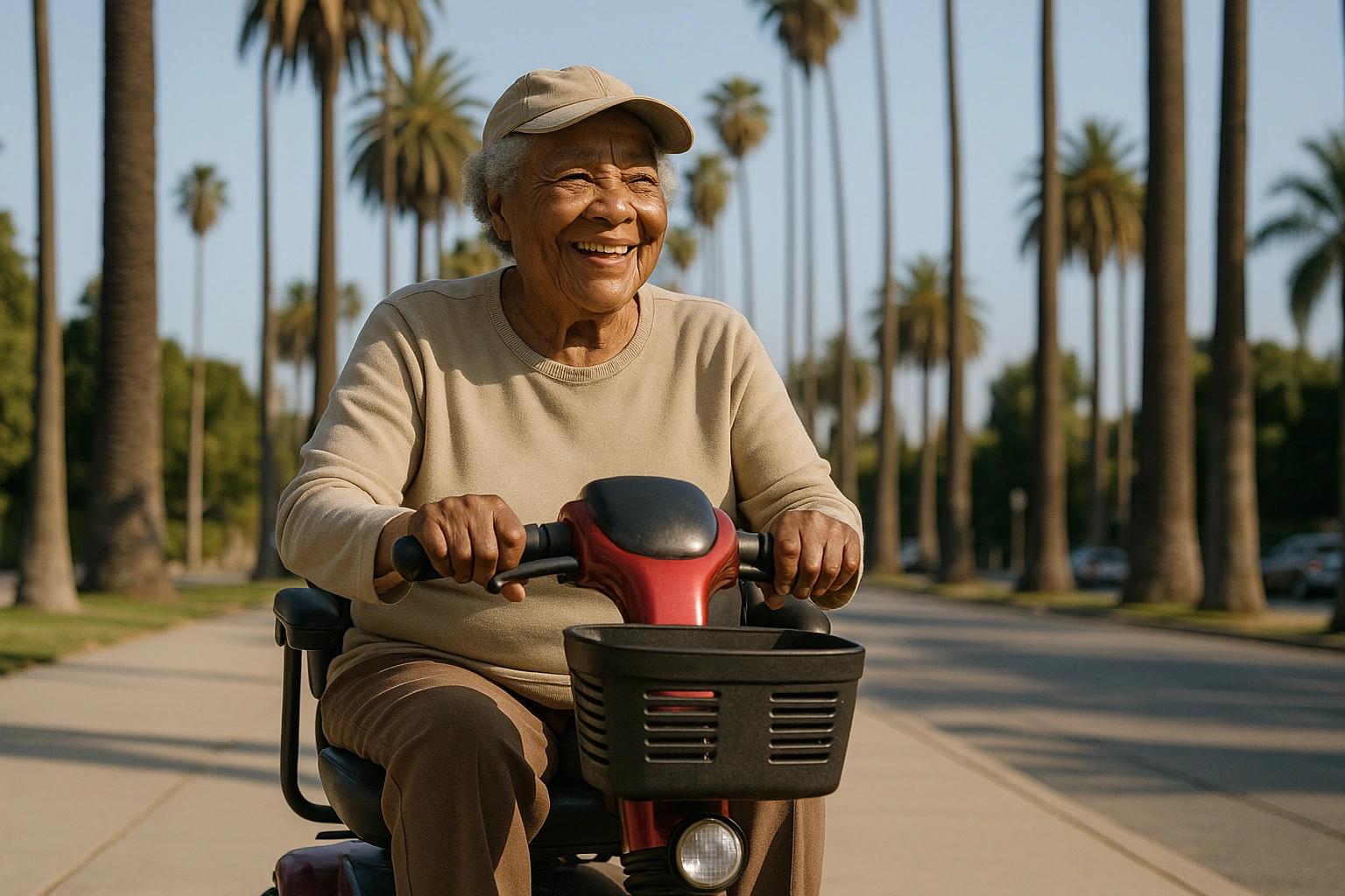 Smiling senior man riding a four-wheel mobility scooter on a palm-lined Los Angeles boulevard