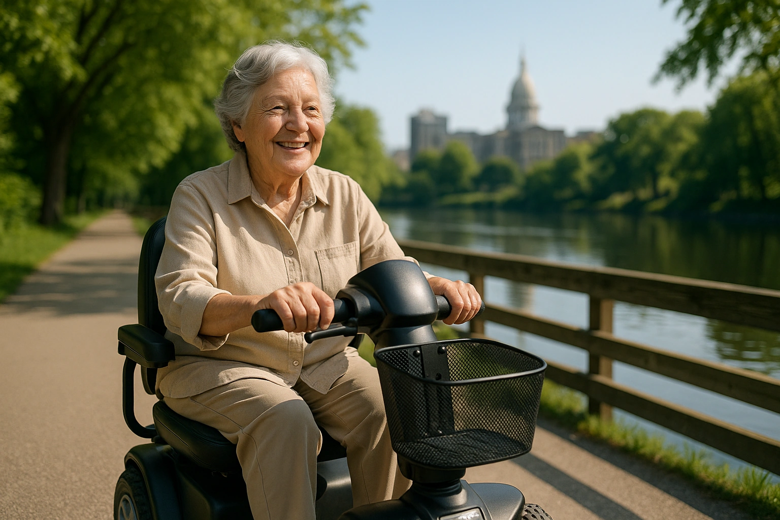 Senior woman with grey hair riding a modern four-wheel mobility scooter on a smooth paved riverfront trail along a calm river in Lansing, Michigan, with green leafy trees, a wooden boardwalk railing and the state-capital skyline in the distance under a bright sky