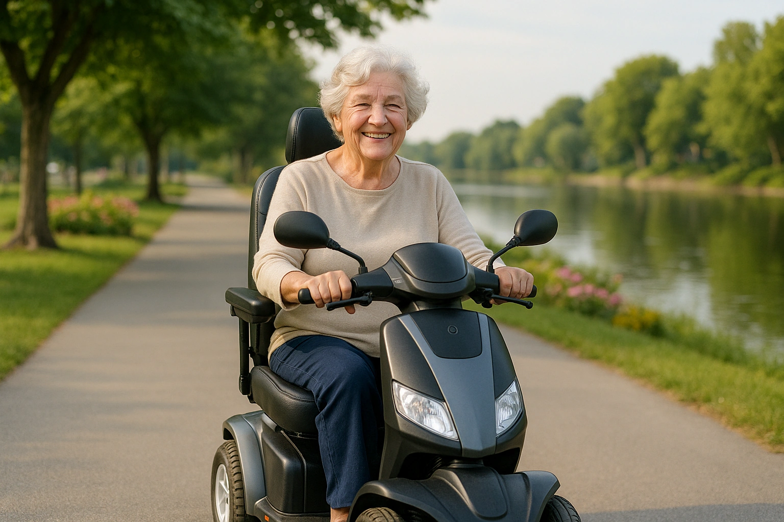 Senior woman with grey hair riding a modern mobility scooter on a smooth wide paved riverside path in a green park beside a calm river in Laval, Quebec, with leafy trees and flowerbeds under soft summer morning light