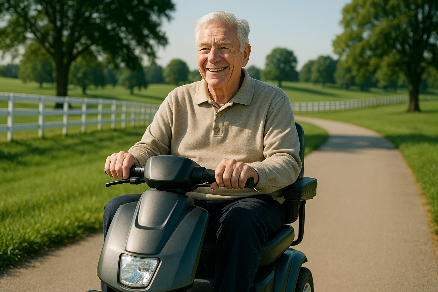Senior man with grey hair riding a modern mobility scooter on a smooth wide paved trail through green rolling parkland in Lexington, Kentucky, with white plank horse fences and leafy trees in the distance under a bright clear morning sky