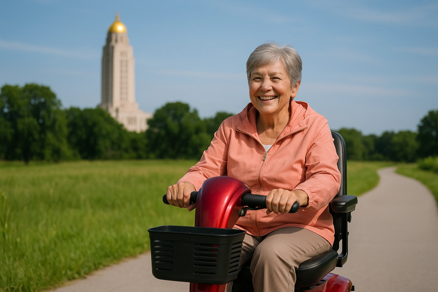 Senior woman in a coral windbreaker riding a red four-wheel mobility scooter along a smooth paved recreational trail through green prairie parkland in Lincoln, Nebraska, with a tall art-deco limestone capitol tower with a gold dome rising over leafy trees under a broad blue plains sky