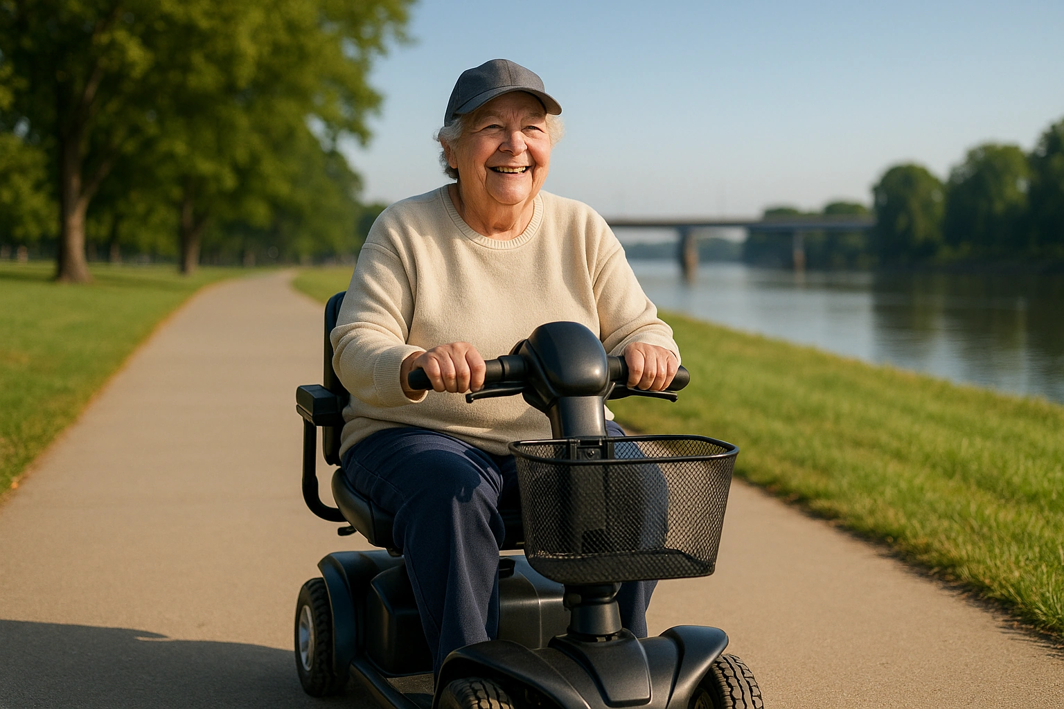Smiling senior woman riding a four-wheel mobility scooter along a wide flat paved riverfront park trail beside the Arkansas River in Little Rock on a bright clear morning, with green trees and a river bridge in the distance