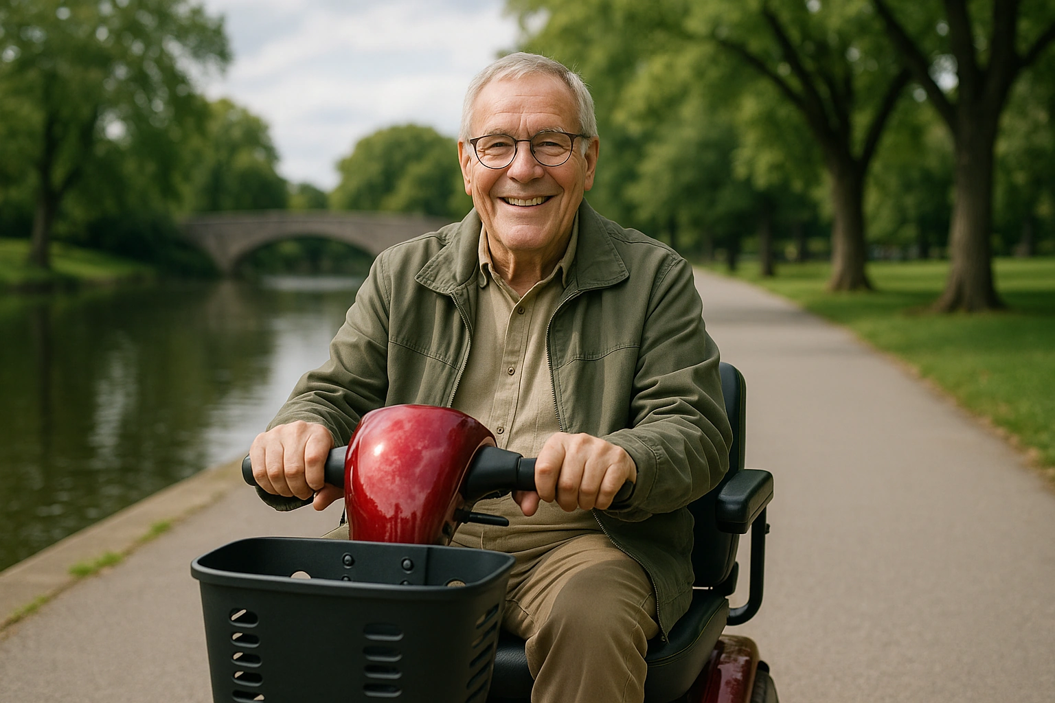 Senior man in an olive jacket riding a red four-wheel mobility scooter along a smooth paved riverside parkway trail beside the tree-lined Thames River in London, Ontario, with large leafy shade trees, a stone footbridge and green parkland under a mild bright sky