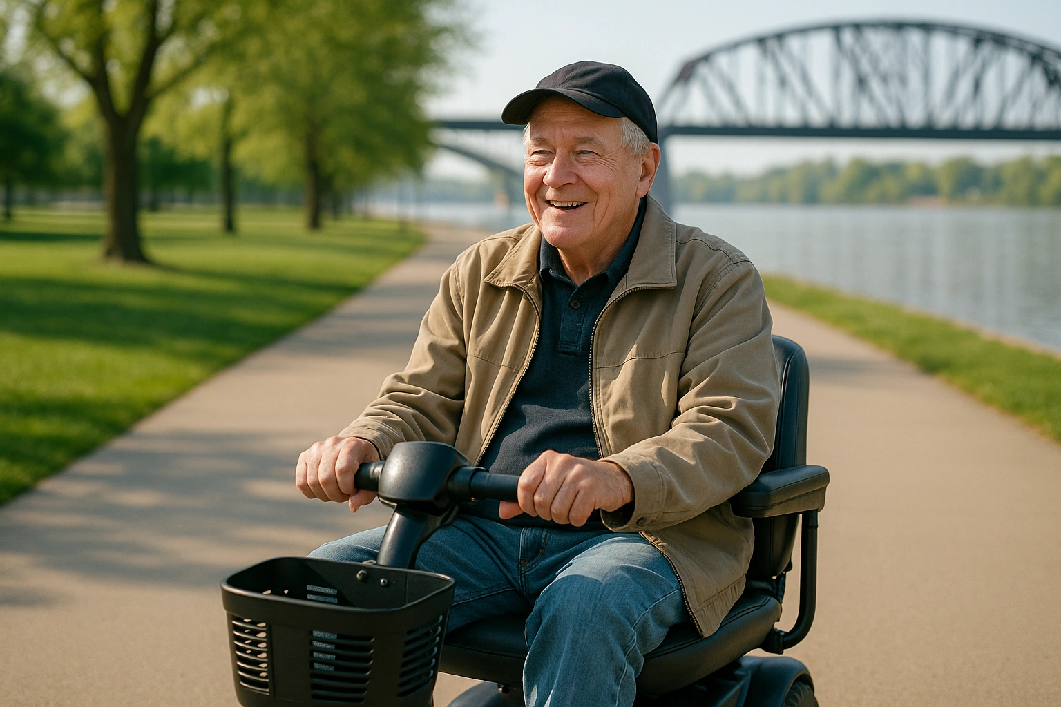Smiling senior man riding a four-wheel mobility scooter along a wide flat paved riverside park path beside the Ohio River in Louisville, with a steel truss bridge and its curving pedestrian ramp in the distance on a bright spring morning