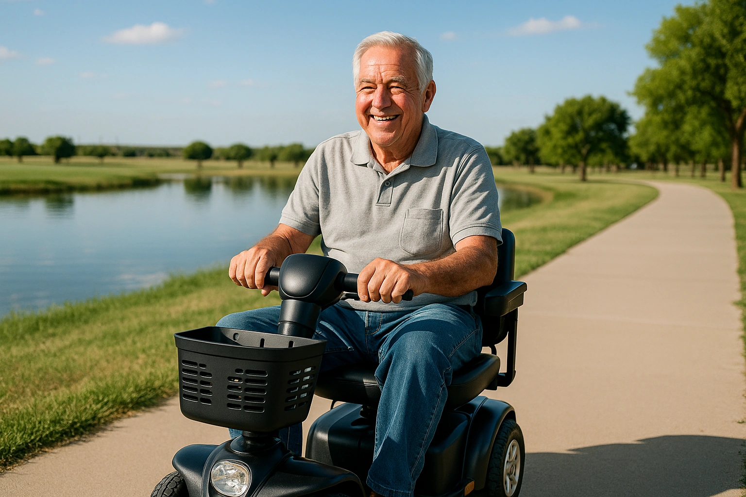 Senior man with grey hair riding a modern mobility scooter on a wide smooth flat paved trail beside a small lake in a green city park in Lubbock, Texas, with open flat parkland and a vast blue West Texas sky with a few clouds