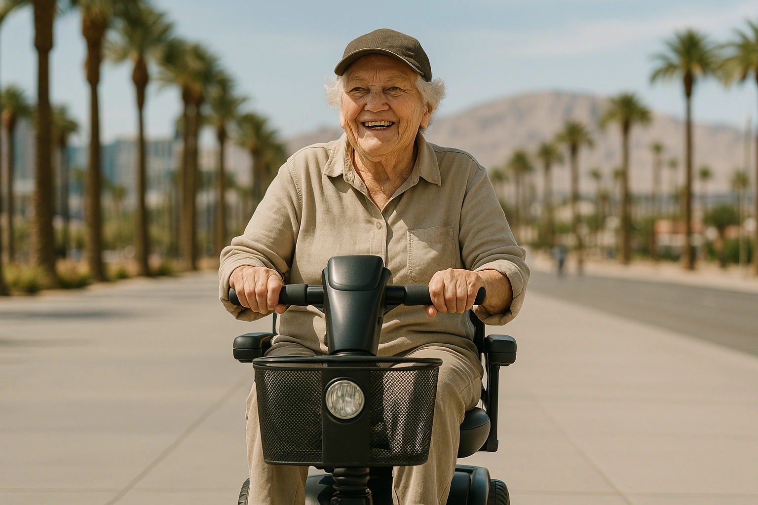 Smiling senior riding a mobility scooter on a sunny palm-lined Las Vegas promenade with desert mountains behind