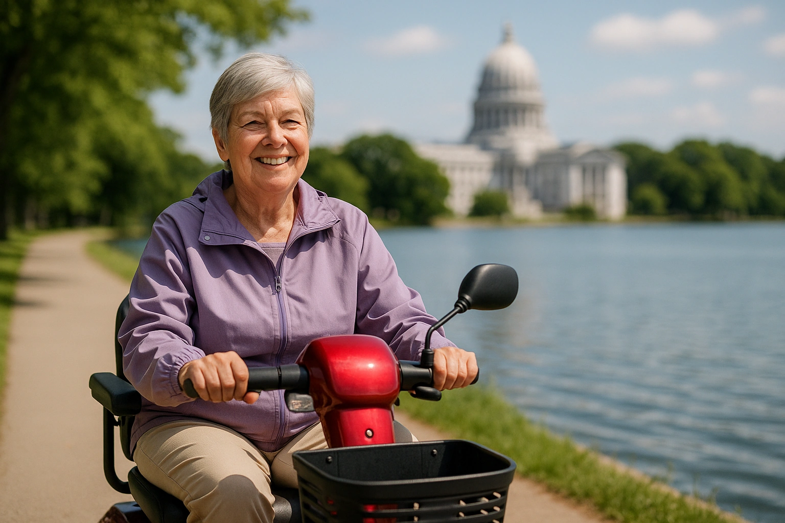 Senior woman in a purple windbreaker riding a red four-wheel mobility scooter along a smooth paved lakeside path beside a calm blue lake in Madison, Wisconsin, with the white-domed State Capitol rising across the water and green trees along the shore under a bright upper-midwest sky