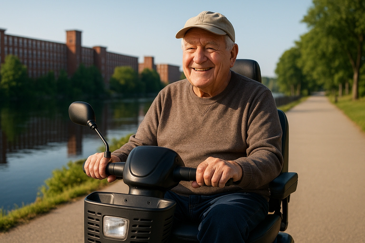 Senior man riding a four-wheel mobility scooter along a wide flat paved riverwalk beside the Merrimack River in Manchester, New Hampshire, with historic red-brick Amoskeag mill buildings along the bank, green trees and calm water on a clear morning