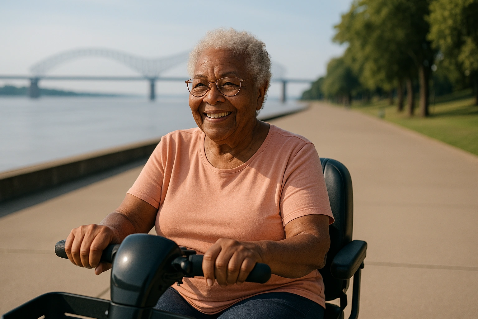 Smiling senior woman riding a four-wheel mobility scooter along a wide flat paved riverfront promenade beside the Mississippi River in Memphis, with a long steel bridge in the distance on a bright morning
