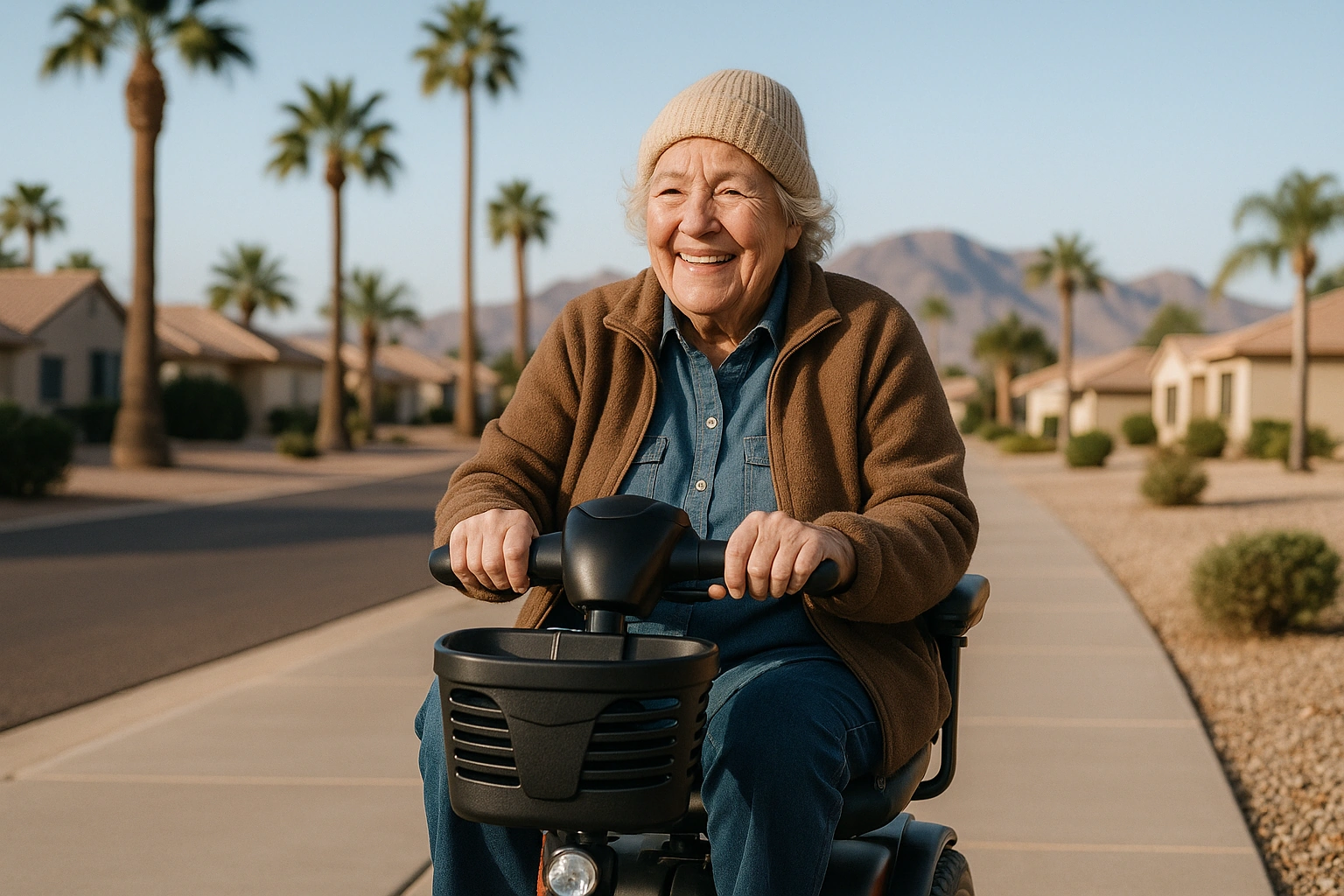 Smiling senior woman riding a four-wheel mobility scooter along a wide flat paved neighbourhood path in Mesa, Arizona, with palm trees, low desert landscaping, single-storey homes and dry mountains in the distance