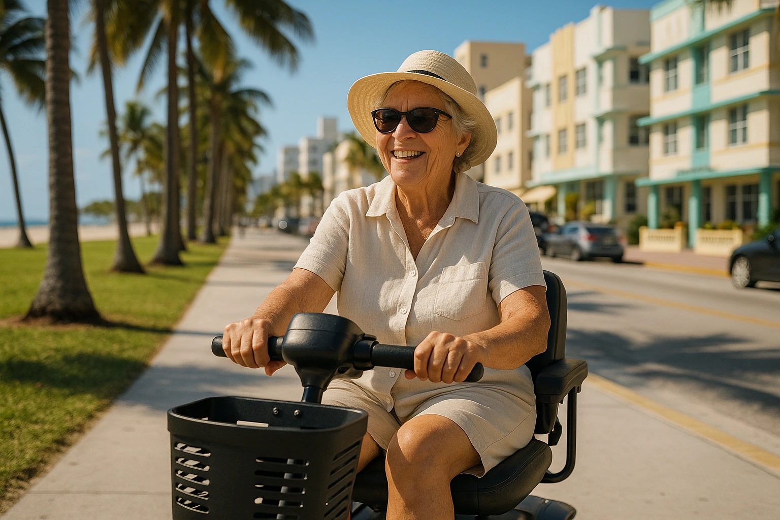 Smiling senior riding a mobility scooter on a sunny palm-lined Miami sidewalk near pastel Art Deco buildings