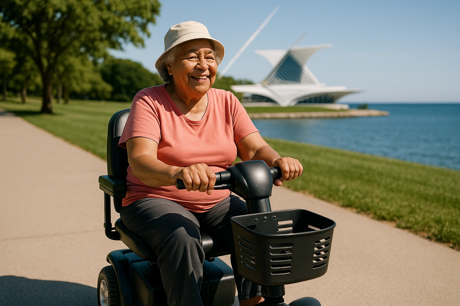 Smiling senior woman riding a four-wheel mobility scooter along a smooth paved lakefront path beside Lake Michigan, with the white winged Milwaukee Art Museum in the background on a clear summer day