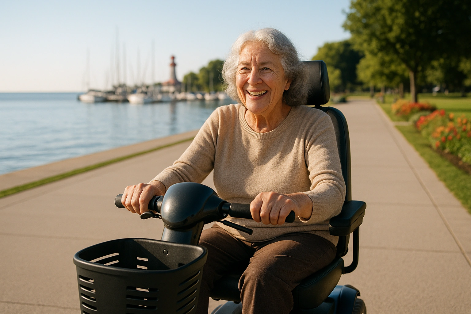 Senior woman with grey hair riding a modern mobility scooter on a wide flat paved lakefront promenade beside Lake Ontario at Port Credit in Mississauga, Ontario, with a marina, sailboats and a small lighthouse, green parkland and flowerbeds beside the path under a bright sunny sky