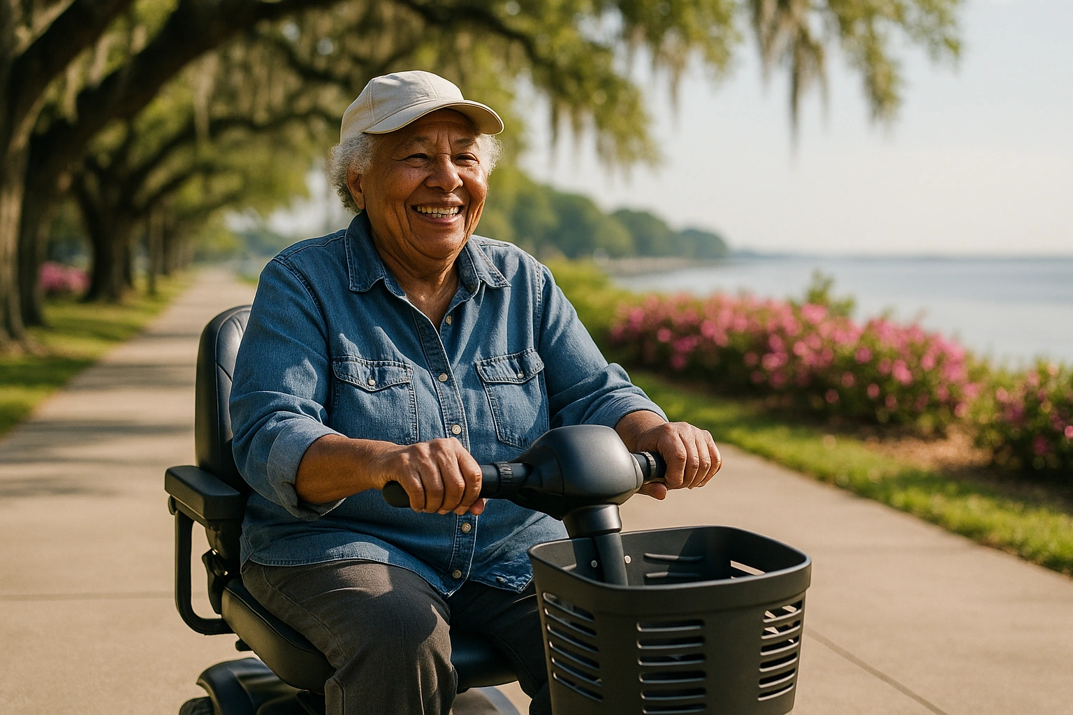 Smiling senior woman riding a four-wheel mobility scooter along a wide flat paved riverfront park path in Mobile, Alabama, with live oak trees draped in Spanish moss, azaleas and calm bay water in the distance
