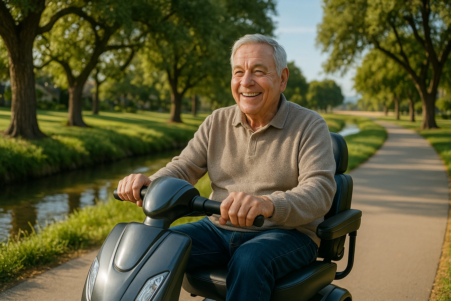 Senior man with grey hair riding a modern mobility scooter on a smooth flat paved creekside trail through a green neighbourhood park in Modesto, California, with leafy oak trees, a gentle creek and a blue sky