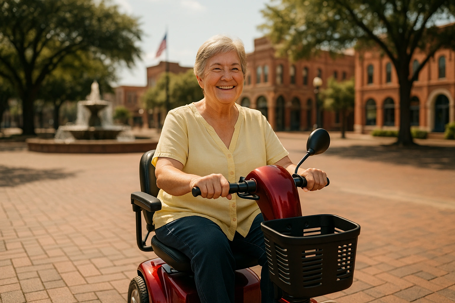 Senior woman in a yellow blouse riding a red three-wheel mobility scooter across a wide smooth brick-paved downtown plaza in Montgomery, Alabama, with a fountain, historic red-brick buildings, an American flag and large shade oaks under a warm sunny Deep South sky