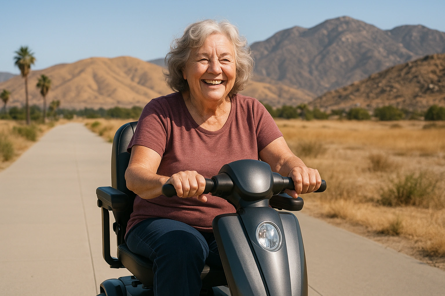 Senior woman with grey hair riding a modern mobility scooter on a wide flat paved multi-use trail across an open valley in Moreno Valley, California, with dry golden hills and the Box Springs Mountains behind and a clear blue sky