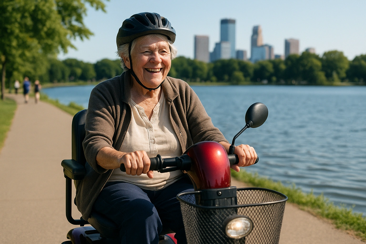 Smiling senior riding a mobility scooter on a flat paved lakeside path in Minneapolis with the city skyline in the distance