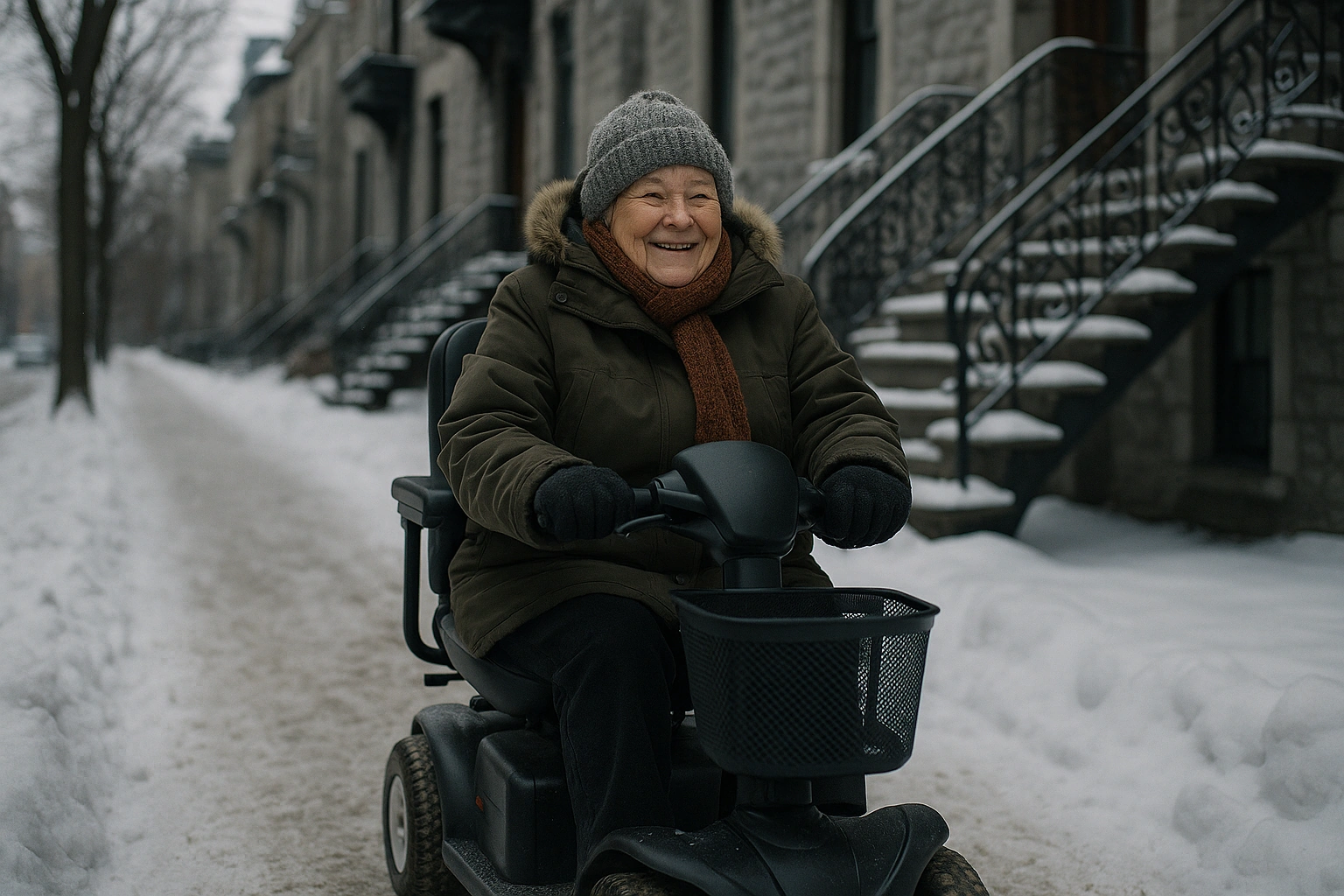 Smiling senior in a warm winter coat riding a mobility scooter on a snowy Montreal street with grey-stone buildings behind