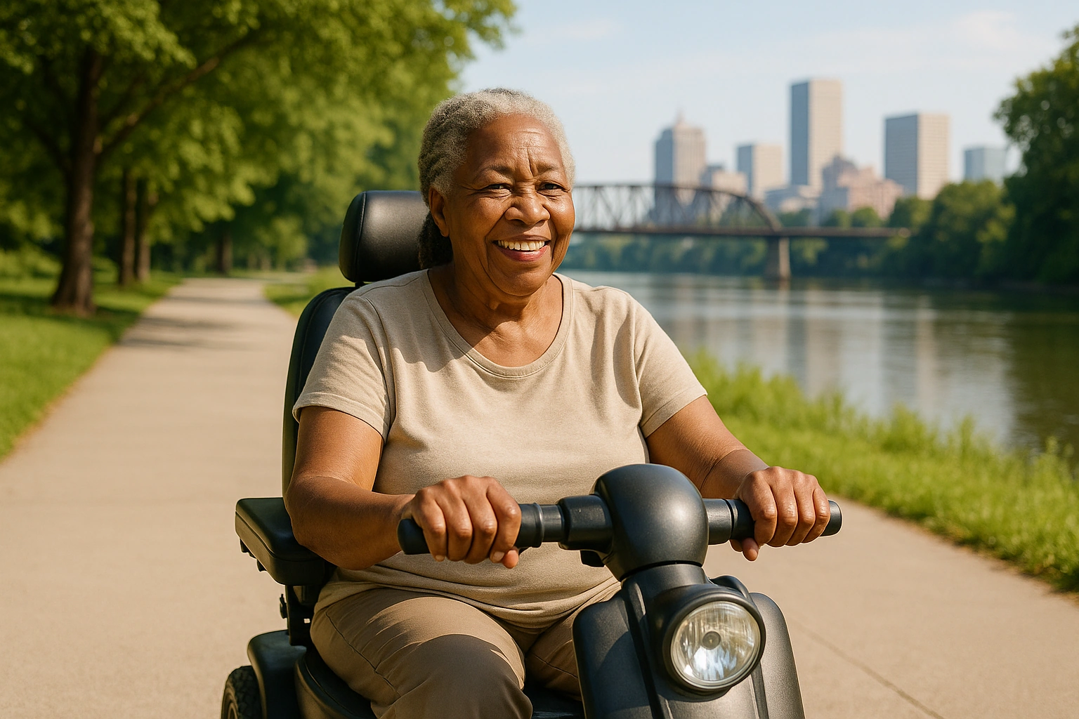 Smiling senior woman riding a four-wheel mobility scooter on a smooth paved riverside greenway with a truss pedestrian bridge and the downtown skyline behind her in Nashville