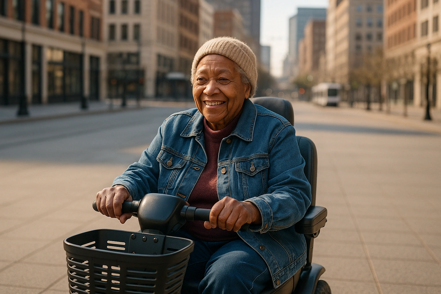 Smiling senior woman riding a four-wheel mobility scooter along a wide flat paved downtown plaza in Newark, New Jersey, with brick and stone city buildings, a light rail line and street trees on a clear morning