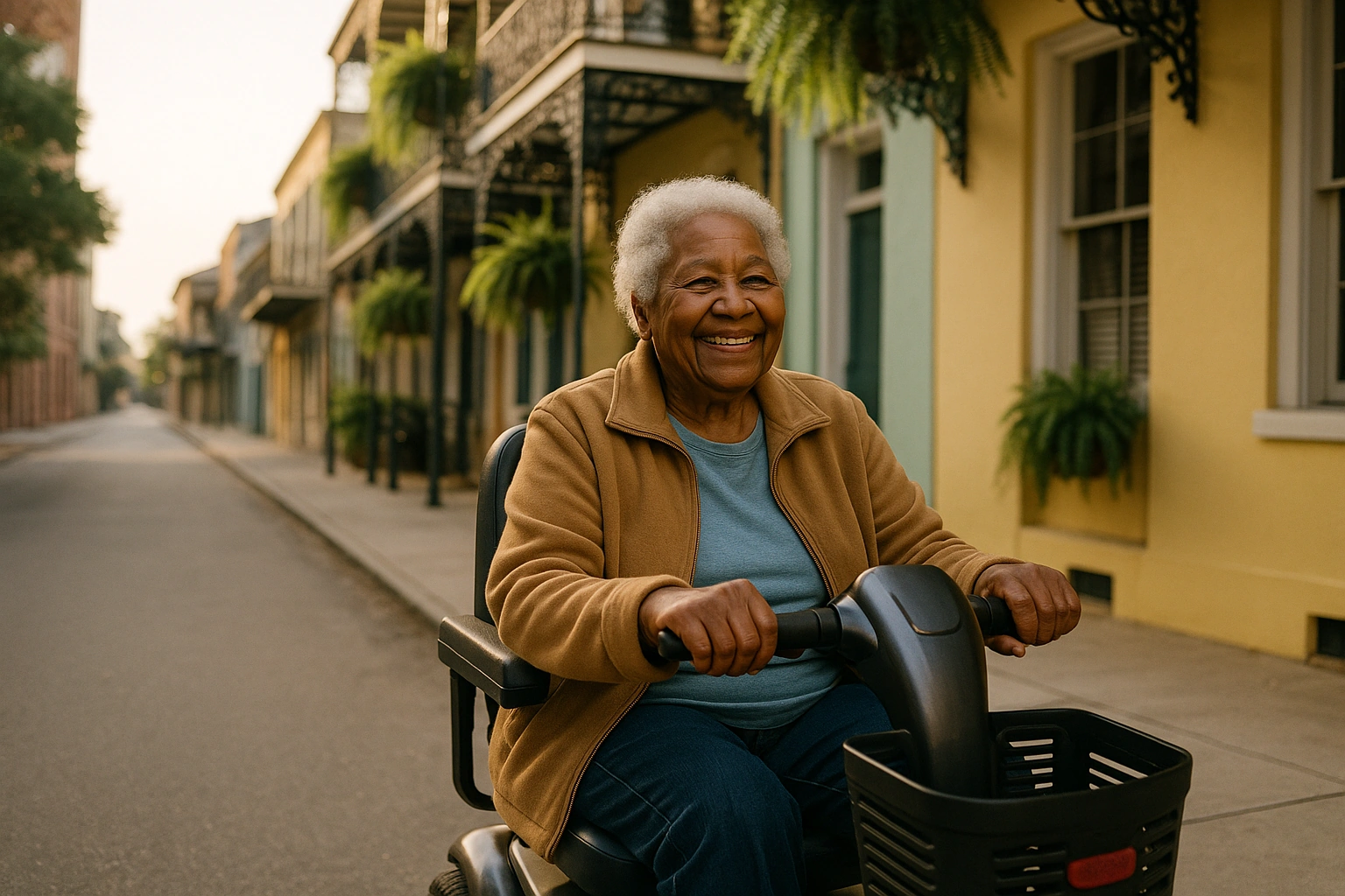 Smiling senior woman riding a four-wheel mobility scooter along a flat sidewalk past pastel buildings with ornate cast-iron balconies and hanging ferns in New Orleans on a bright morning